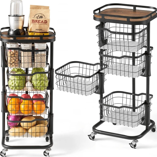 Main image of 4 Tier Rotating Kitchen Storage Cart, Fruit Vegetable Potato Rack Stand | Patented Swivel Part Spin Smoothly Even Full. Rustproof. One-Piece Wire Bin Prevent Sagging. Keep Onion, Veggie, Spices Fresh