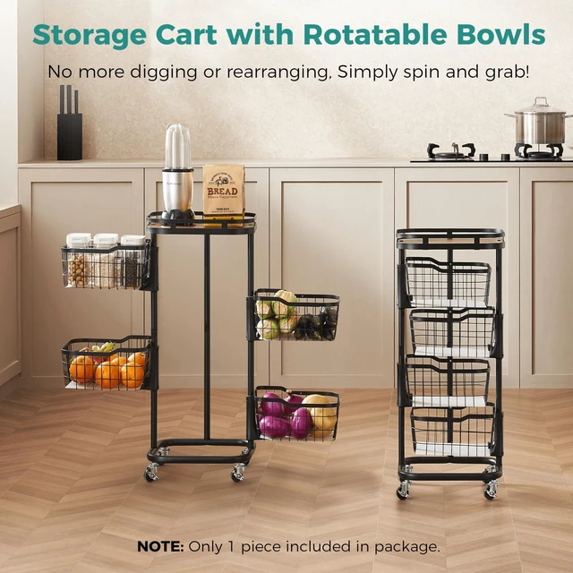 Alt view image 2 of 7 - 4 Tier Rotating Kitchen Storage Cart, Fruit Vegetable Potato Rack Stand | Patented Swivel Part Spin Smoothly Even Full. Rustproof. One-Piece Wire Bin Prevent Sagging. Keep Onion, Veggie, Spices Fresh