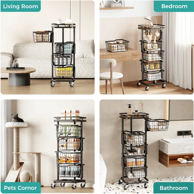 Alt view image 4 of 7 - 4 Tier Rotating Kitchen Storage Cart, Fruit Vegetable Potato Rack Stand | Patented Swivel Part Spin Smoothly Even Full. Rustproof. One-Piece Wire Bin Prevent Sagging. Keep Onion, Veggie, Spices Fresh