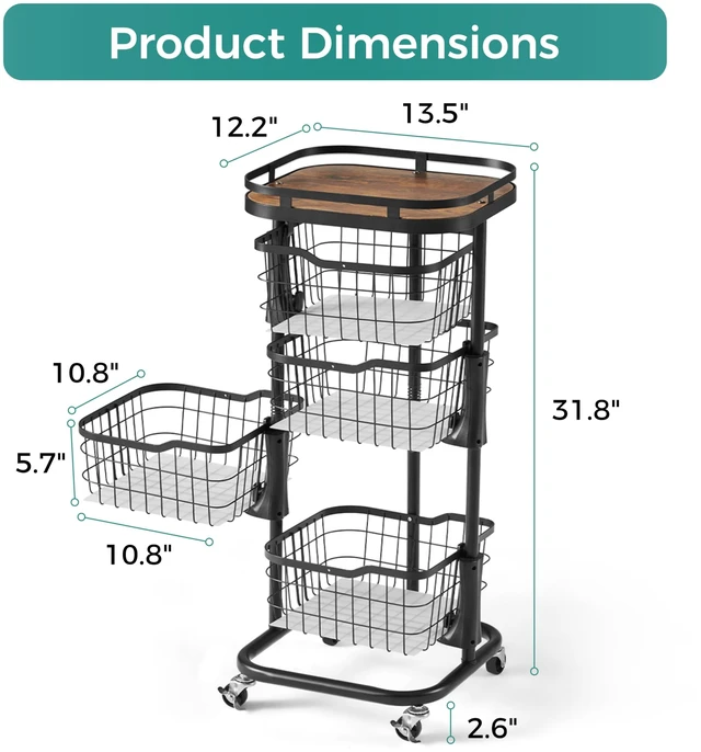 Alt view image 6 of 7 - 4 Tier Rotating Kitchen Storage Cart, Fruit Vegetable Potato Rack Stand | Patented Swivel Part Spin Smoothly Even Full. Rustproof. One-Piece Wire Bin Prevent Sagging. Keep Onion, Veggie, Spices Fresh
