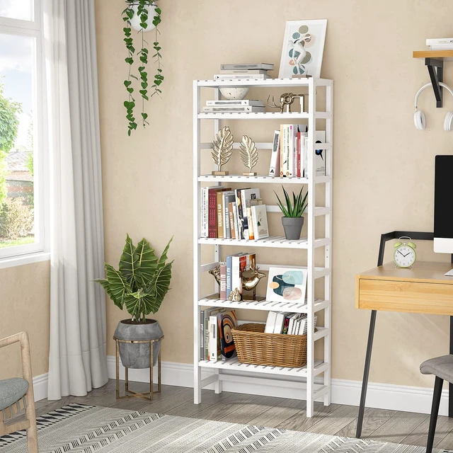 Alt view image 2 of 7 - 6-Tier Bamboo Shelf, 63 Tall Adjustable Bookshelves and Bookcases | Wooden Open Book Shelf, Freestanding Shelving Unit, Bathroom Shelves, Plant Stand, Space Saving, Easy to Assemble, White