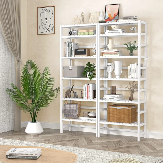 Alt view image 3 of 7 - 6-Tier Bamboo Shelf, 63 Tall Adjustable Bookshelves and Bookcases | Wooden Open Book Shelf, Freestanding Shelving Unit, Bathroom Shelves, Plant Stand, Space Saving, Easy to Assemble, White
