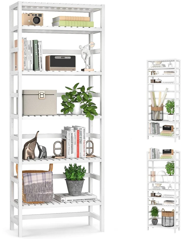 Main image of 6-Tier Bamboo Shelf, 63 Tall Adjustable Bookshelves and Bookcases | Wooden Open Book Shelf, Freestanding Shelving Unit, Bathroom Shelves, Plant Stand, Space Saving, Easy to Assemble, White