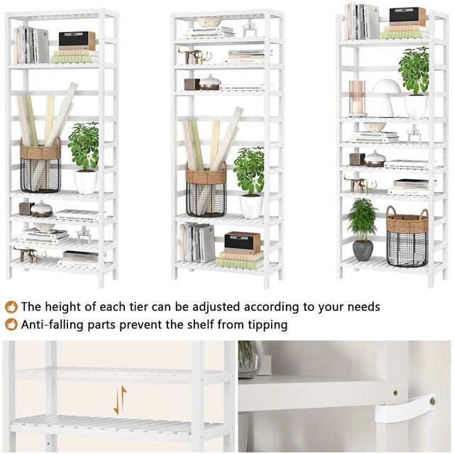 Alt view image 4 of 7 - 6-Tier Bamboo Shelf, 63 Tall Adjustable Bookshelves and Bookcases | Wooden Open Book Shelf, Freestanding Shelving Unit, Bathroom Shelves, Plant Stand, Space Saving, Easy to Assemble, White