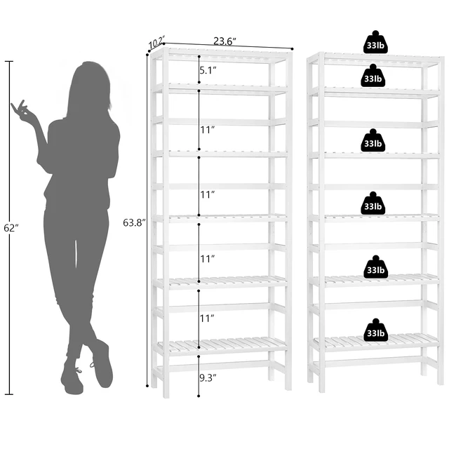 Alt view image 5 of 7 - 6-Tier Bamboo Shelf, 63 Tall Adjustable Bookshelves and Bookcases | Wooden Open Book Shelf, Freestanding Shelving Unit, Bathroom Shelves, Plant Stand, Space Saving, Easy to Assemble, White