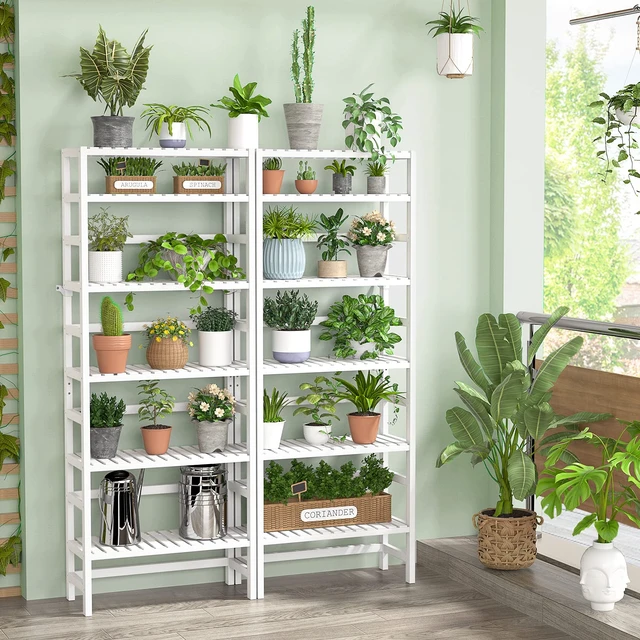 Alt view image 7 of 7 - 6-Tier Bamboo Shelf, 63 Tall Adjustable Bookshelves and Bookcases | Wooden Open Book Shelf, Freestanding Shelving Unit, Bathroom Shelves, Plant Stand, Space Saving, Easy to Assemble, White