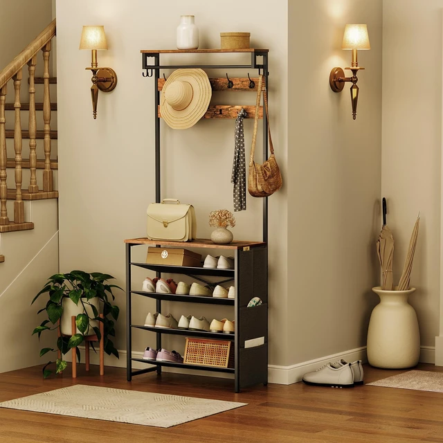 Alt view image 2 of 7 - Hall Tree with Bench, Entryway Coat Rack with Shoe Rack, Shoe and Coat Rack, 5 Tier Shoe Storage Organizer with Oxford Fabric Side Pockets, Adjustable Mesh Shelves, Rustic Brown BF75MT01