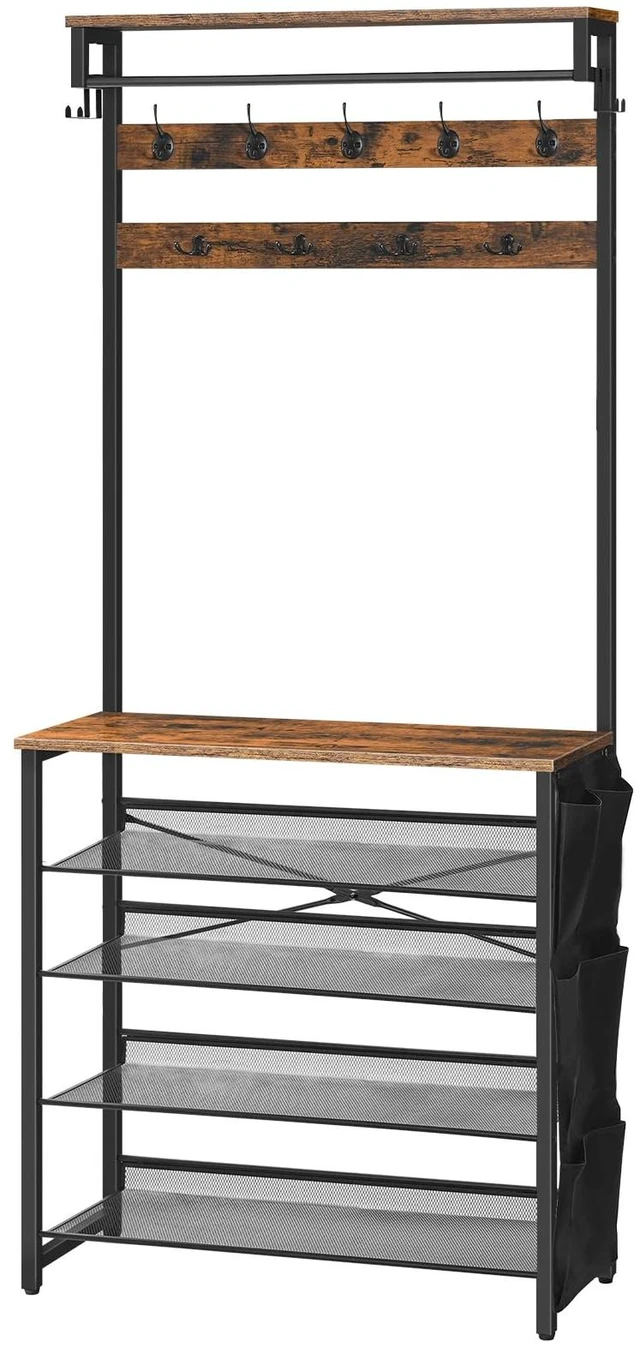 Main image of Hall Tree with Bench, Entryway Coat Rack with Shoe Rack, Shoe and Coat Rack, 5 Tier Shoe Storage Organizer with Oxford Fabric Side Pockets, Adjustable Mesh Shelves, Rustic Brown BF75MT01
