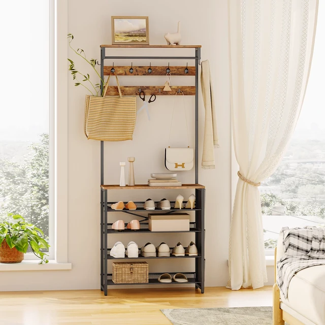 Alt view image 3 of 7 - Hall Tree with Bench, Entryway Coat Rack with Shoe Rack, Shoe and Coat Rack, 5 Tier Shoe Storage Organizer with Oxford Fabric Side Pockets, Adjustable Mesh Shelves, Rustic Brown BF75MT01
