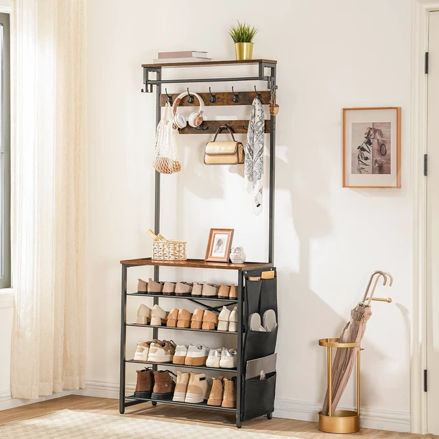 Alt view image 4 of 7 - Hall Tree with Bench, Entryway Coat Rack with Shoe Rack, Shoe and Coat Rack, 5 Tier Shoe Storage Organizer with Oxford Fabric Side Pockets, Adjustable Mesh Shelves, Rustic Brown BF75MT01
