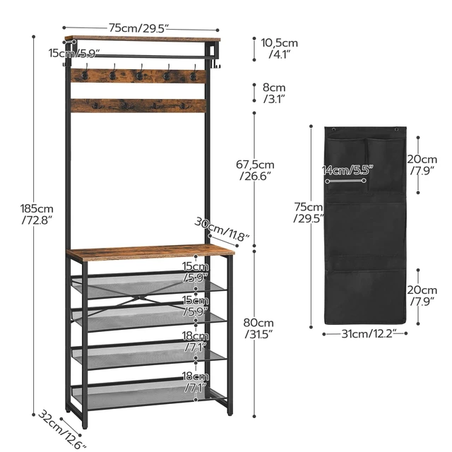 Alt view image 5 of 7 - Hall Tree with Bench, Entryway Coat Rack with Shoe Rack, Shoe and Coat Rack, 5 Tier Shoe Storage Organizer with Oxford Fabric Side Pockets, Adjustable Mesh Shelves, Rustic Brown BF75MT01
