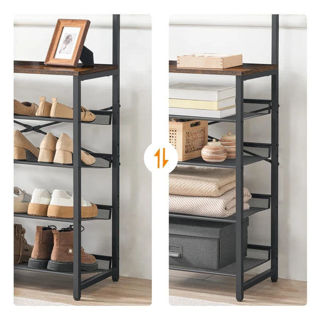 Alt view image 7 of 7 - Hall Tree with Bench, Entryway Coat Rack with Shoe Rack, Shoe and Coat Rack, 5 Tier Shoe Storage Organizer with Oxford Fabric Side Pockets, Adjustable Mesh Shelves, Rustic Brown BF75MT01