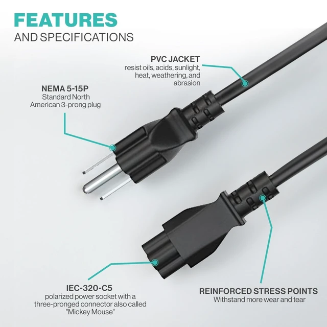 Alt view image 2 of 7 - LORDTRONICS 3 Prong Laptop Power Cord 10FT | NEMA 5-15P to IEC C5 Cloverleaf, 125V 10A | for Laptop Adapters, Monitors, Printers & Scanners | Black