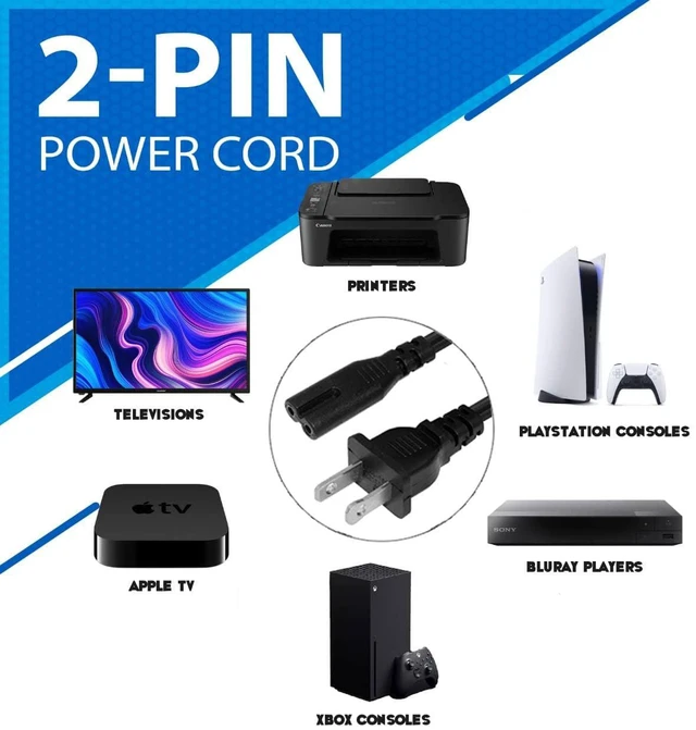 Alt view image 5 of 5 - LORDTRONICS 2 Prong Figure 8 AC Power Cord 3FT | NEMA 1-15P to IEC C7 Non-Polarized, 125V | for TV, PS5, PS4, Xbox, Printers & Electronics | Black