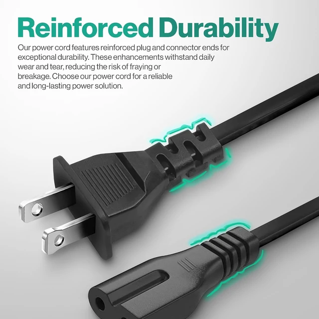 Alt view image 2 of 7 - LORDTRONICS 2 Prong Polarized AC Power Cord 3FT | NEMA 1-15P to IEC C7P, 125V 7A | for Vizio TV, Bose, Sound Bars & Sewing Machines | Black