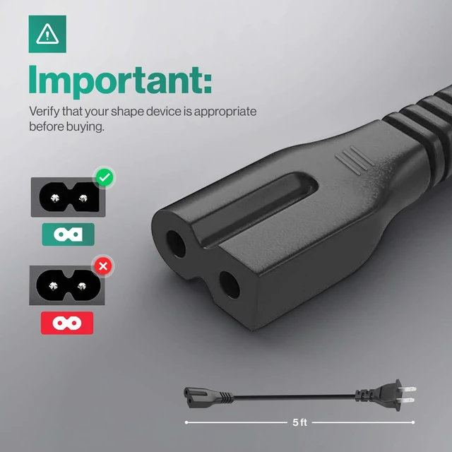 Alt view image 3 of 7 - LORDTRONICS 2 Prong Polarized AC Power Cord 3FT | NEMA 1-15P to IEC C7P, 125V 7A | for Vizio TV, Bose, Sound Bars & Sewing Machines | Black
