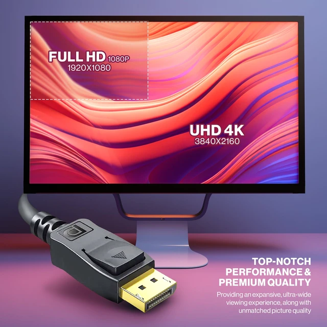 Alt view image 7 of 7 - LORDTRONICS DisplayPort to DisplayPort Cable 6FT | DP 1.2, 4K@60Hz, 2K@165Hz | for PC, Graphics Card, Gaming Monitor & Projector | Black