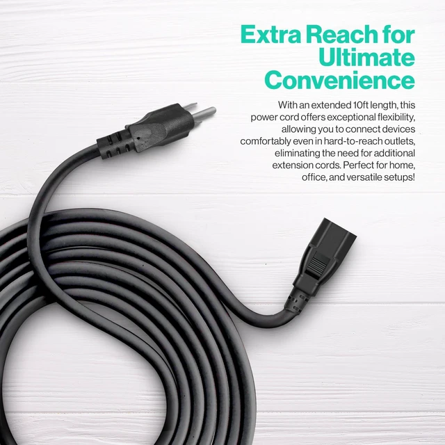 Alt view image 5 of 7 - LORDTRONICS 3 Prong AC Power Cord 5FT | NEMA 5-15P to IEC C13, 125V 10A 18AWG | for PC, Monitor, Printer & TV | Black