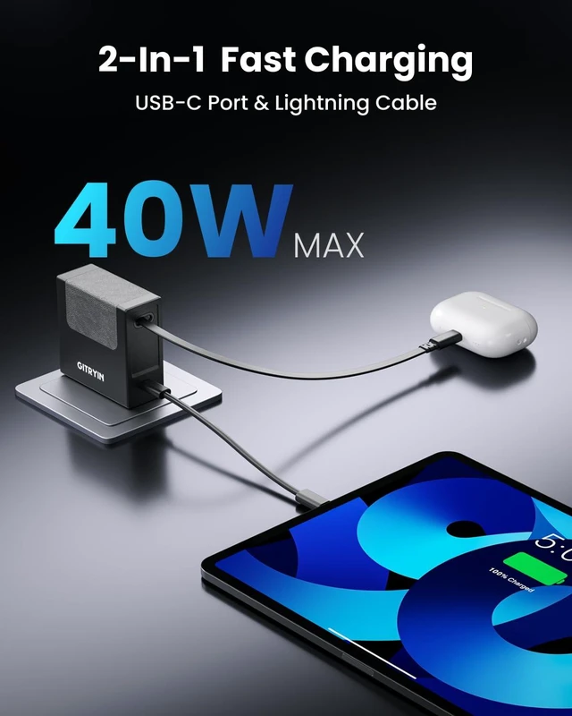 Alt view image 3 of 7 - 40W PD Retractable USB Wall Charger, 33.5in Lightning Cable, 1 UsbC | Phone GaN Charger with 1 Lightning Cable, 1 USB C Port, Foldable Plug, Fast Charging for iPhone14/13/12, ETL Certified, Black