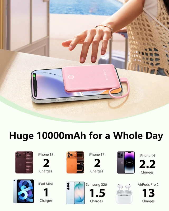 Alt view image 3 of 7 - 10000mAh Mini Portable Charger with Built in Cable, Pink | Pocket Size Power Bank, Travel External Battery Pack for Phone, 3 Output, USB Type C Cord, Compatible with iPhone, Samsung