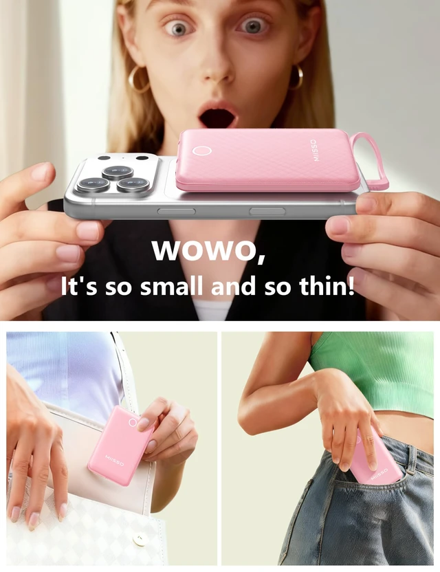 Alt view image 4 of 7 - 10000mAh Mini Portable Charger with Built in Cable, Pink | Pocket Size Power Bank, Travel External Battery Pack for Phone, 3 Output, USB Type C Cord, Compatible with iPhone, Samsung