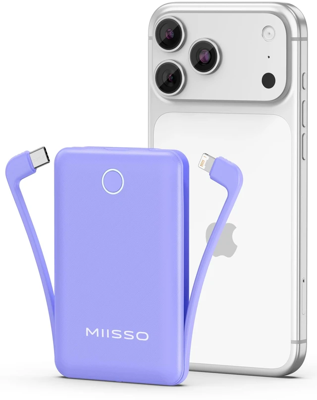 Main image of 10000mAh Mini Portable Charger with Built in Cable, Purple | Pocket Size Power Bank, Travel External Battery Pack for Phone, 3 Output, USB Type C Cord, Compatible with iPhone, Samsung