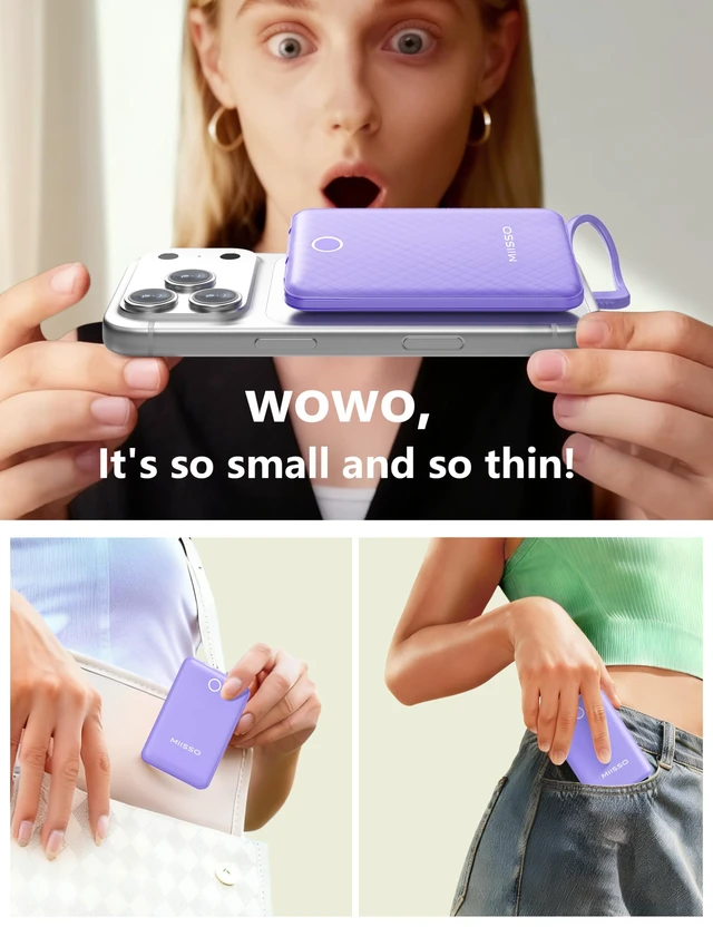 Alt view image 5 of 7 - 10000mAh Mini Portable Charger with Built in Cable, Purple | Pocket Size Power Bank, Travel External Battery Pack for Phone, 3 Output, USB Type C Cord, Compatible with iPhone, Samsung