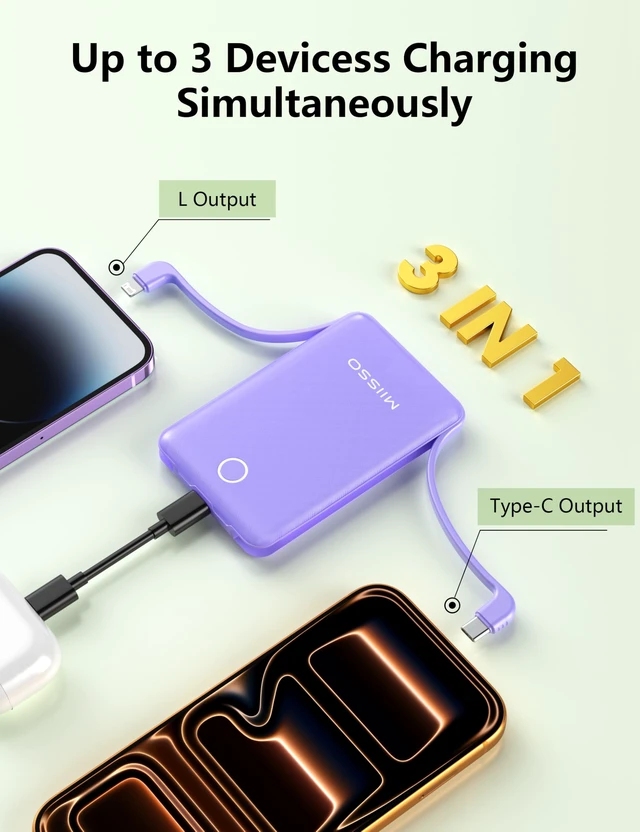 Alt view image 4 of 7 - 10000mAh Mini Portable Charger with Built in Cable, Purple | Pocket Size Power Bank, Travel External Battery Pack for Phone, 3 Output, USB Type C Cord, Compatible with iPhone, Samsung