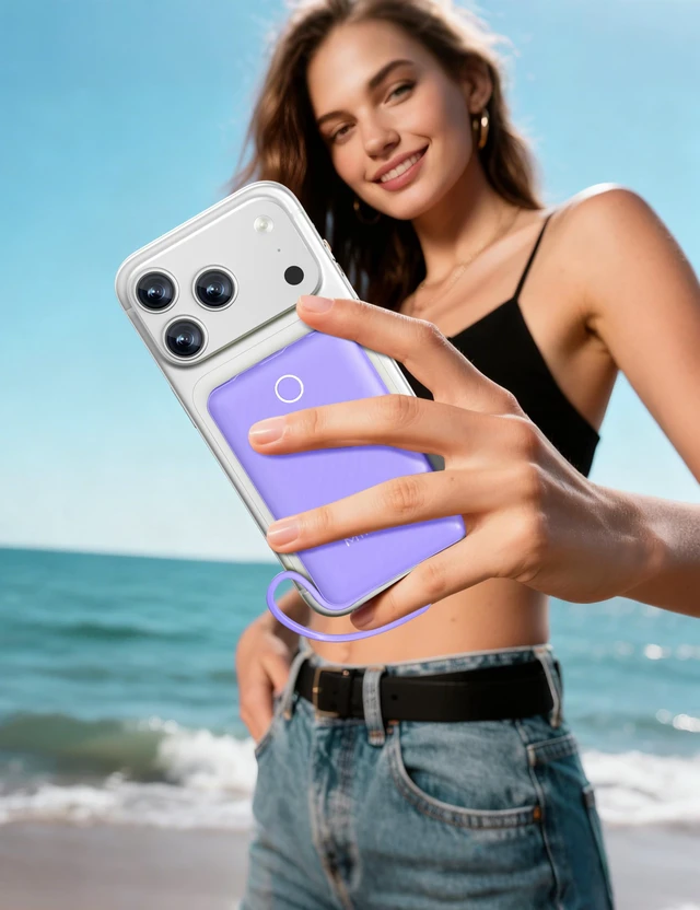 Alt view image 7 of 7 - 10000mAh Mini Portable Charger with Built in Cable, Purple | Pocket Size Power Bank, Travel External Battery Pack for Phone, 3 Output, USB Type C Cord, Compatible with iPhone, Samsung