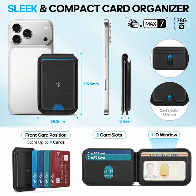 Alt view image 3 of 7 - Genuine Leather for MagSafe Wallet Stand, 6 Card Holders, Black | Magnetic Phone Wallet, Strong Magnet, Kickstand, RFID Blocking, Quick Access, for iPhone 18/17/16/15/14/13/12 Pro/Max/Plus