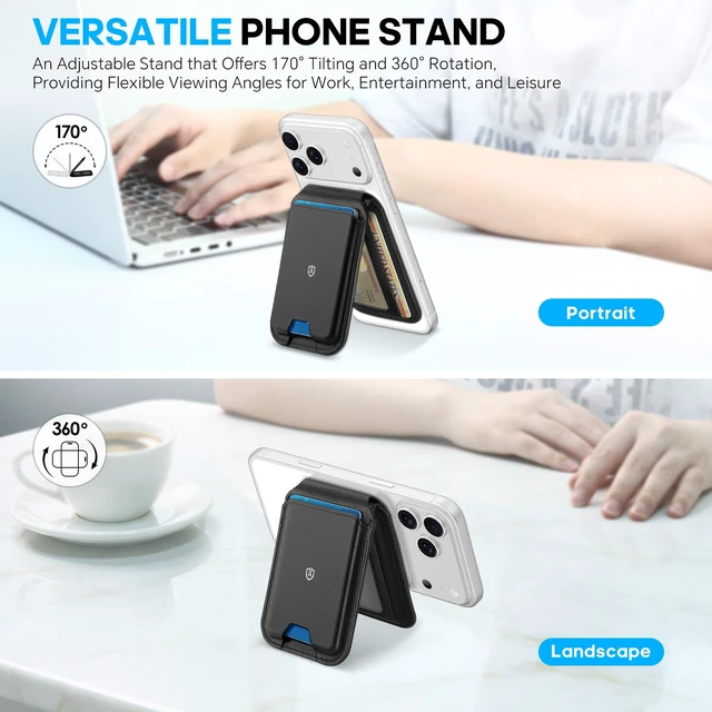 Alt view image 4 of 7 - Genuine Leather for MagSafe Wallet Stand, 6 Card Holders, Black | Magnetic Phone Wallet, Strong Magnet, Kickstand, RFID Blocking, Quick Access, for iPhone 18/17/16/15/14/13/12 Pro/Max/Plus