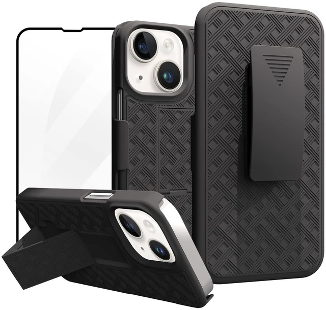 Main image of for iPhone 14/13 Belt Clip Holster Case, Screen Protector-Black | Swivel Kickstand Holder, Slim Shell Slide Pouch Full Body Protective, Rugged Heavy Duty Shockproof Outdoor Cell Phone Cover