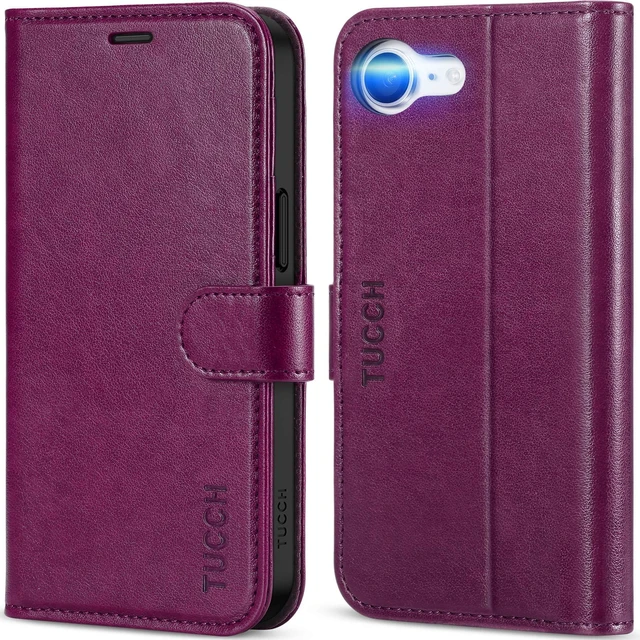 Main image of Wallet Case for iPhone 17e/16e (6.1"), 4 Card Holders, Plum Purple | RFID Blocking, Viewing Stand, Shockproof TPU Shell, PU Leather, Magnetic Closure, Protective Folio Flip Cover