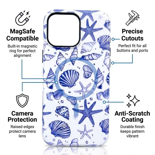 Alt view image 6 of 7 - Compatible for iPhone 13 Pro Max Case, Coastal Beach Summer Blue Ocean Seashell Aesthetic Protective Phone Case (for iPhone 13 Pro Max), RUI-97A-A
