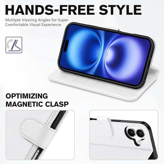 Alt view image 4 of 7 - Wallet Case for iPhone 16 (6.1") 2024, 4 Card Slots, White | RFID Blocking, Viewing Stand, Shockproof TPU Shell, PU Leather, Magnetic Closure, Protective Folio Flip Cover