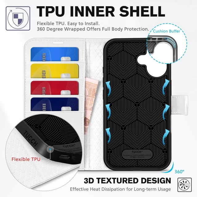 Alt view image 5 of 7 - Wallet Case for iPhone 16 (6.1") 2024, 4 Card Slots, White | RFID Blocking, Viewing Stand, Shockproof TPU Shell, PU Leather, Magnetic Closure, Protective Folio Flip Cover