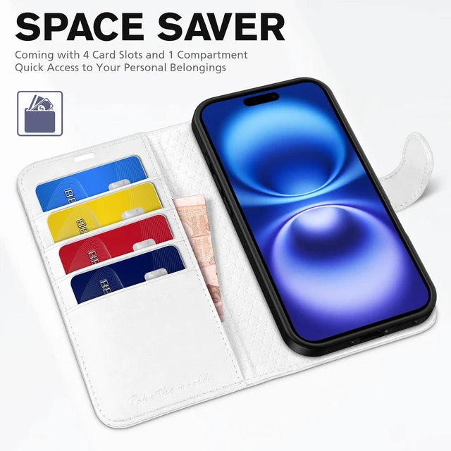 Alt view image 7 of 7 - Wallet Case for iPhone 16 (6.1") 2024, 4 Card Slots, White | RFID Blocking, Viewing Stand, Shockproof TPU Shell, PU Leather, Magnetic Closure, Protective Folio Flip Cover