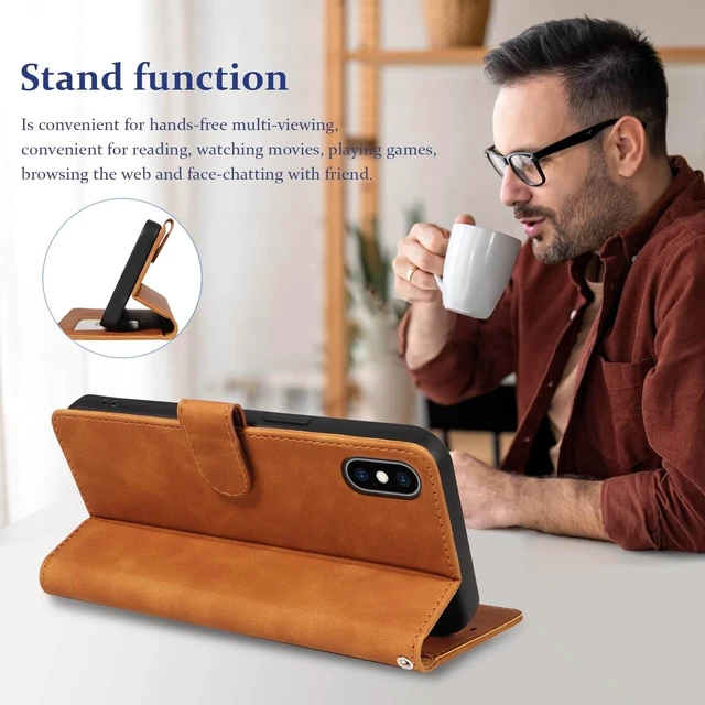 Alt view image 2 of 7 - for iPhone X/Xs Case Wallet, RFID Blocking 3 Card Slots (Brown) | Flip Cover for iPhone X/XS 5.8 Inch, Premium Folio PU Leather, Wrist Strap, Protective TPU Shell, Magnetic Closure, Stand
