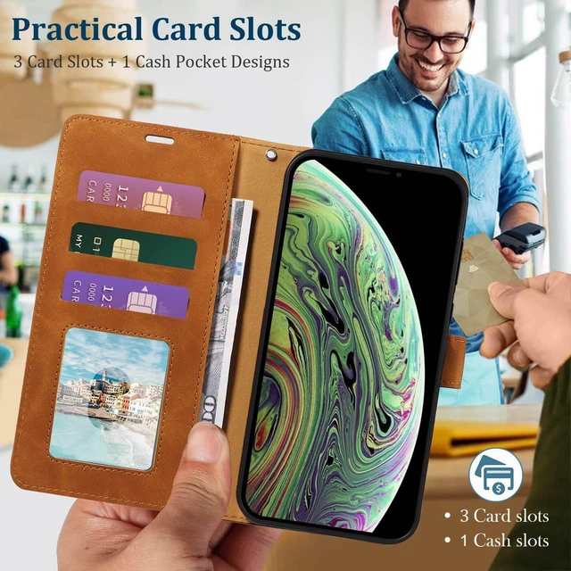 Alt view image 3 of 7 - for iPhone X/Xs Case Wallet, RFID Blocking 3 Card Slots (Brown) | Flip Cover for iPhone X/XS 5.8 Inch, Premium Folio PU Leather, Wrist Strap, Protective TPU Shell, Magnetic Closure, Stand