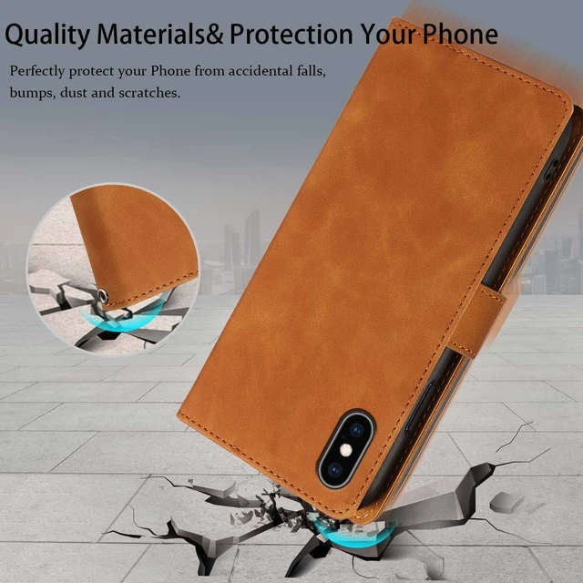 Alt view image 7 of 7 - for iPhone X/Xs Case Wallet, RFID Blocking 3 Card Slots (Brown) | Flip Cover for iPhone X/XS 5.8 Inch, Premium Folio PU Leather, Wrist Strap, Protective TPU Shell, Magnetic Closure, Stand