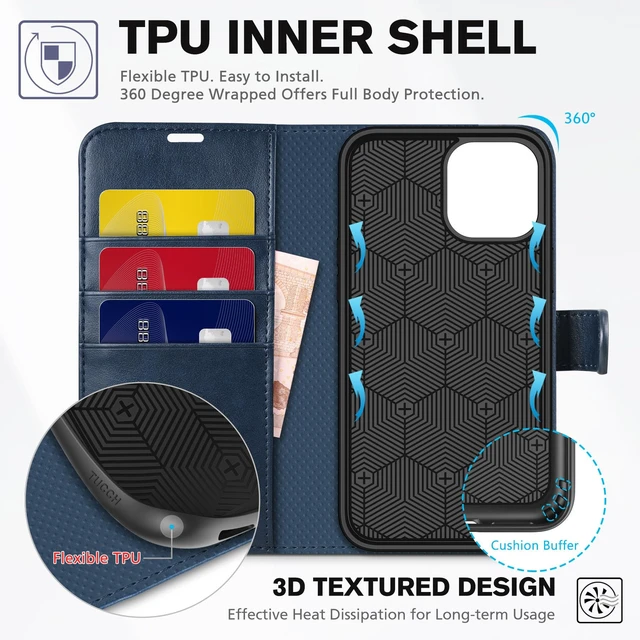Alt view image 4 of 7 - Wallet Case for iPhone 12 Pro/12 (6.1"), 3 Card Slots, Blue & Brown | RFID Blocking, Viewing Stand, Shockproof TPU Shell, PU Leather, Magnetic Closure, Protective Folio Flip Cover