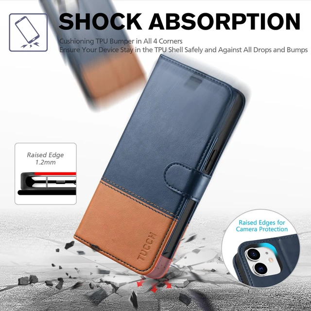 Alt view image 6 of 7 - Wallet Case for iPhone 12 Pro/12 (6.1"), 3 Card Slots, Blue & Brown | RFID Blocking, Viewing Stand, Shockproof TPU Shell, PU Leather, Magnetic Closure, Protective Folio Flip Cover