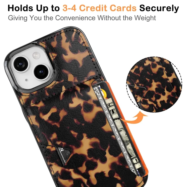 Alt view image 3 of 7 - for iPhone 13 14 15 Case with Card Holder- Slim (Tortoise Shell) | Leather Wallet Case Credit Card Holder Moneymate, Hidden Card Slot Cover for Women Man