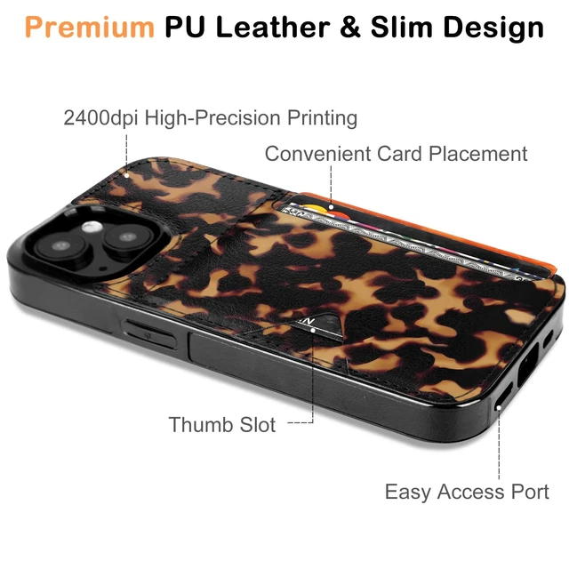 Alt view image 4 of 7 - for iPhone 13 14 15 Case with Card Holder- Slim (Tortoise Shell) | Leather Wallet Case Credit Card Holder Moneymate, Hidden Card Slot Cover for Women Man