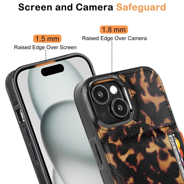 Alt view image 5 of 7 - for iPhone 13 14 15 Case with Card Holder- Slim (Tortoise Shell) | Leather Wallet Case Credit Card Holder Moneymate, Hidden Card Slot Cover for Women Man