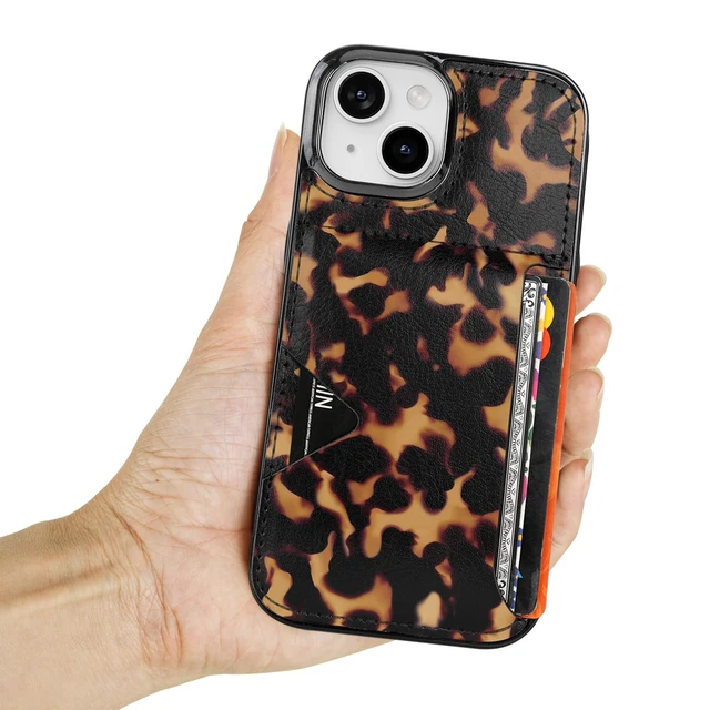 Alt view image 7 of 7 - for iPhone 13 14 15 Case with Card Holder- Slim (Tortoise Shell) | Leather Wallet Case Credit Card Holder Moneymate, Hidden Card Slot Cover for Women Man