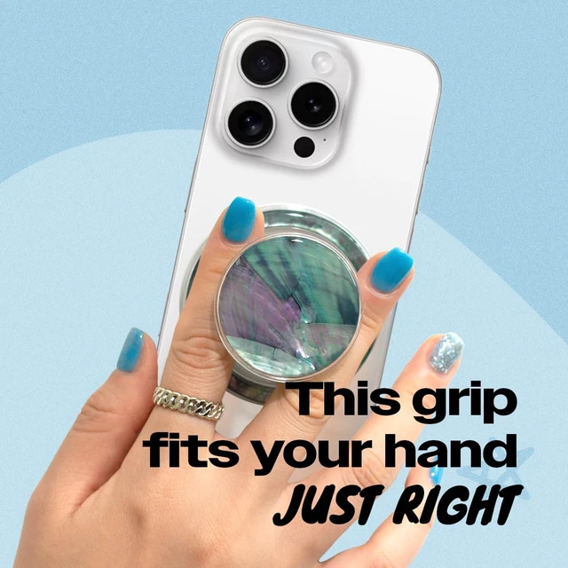 Alt view image 2 of 7 - Magnetic Phone Grip for MagSafe, Genuine Natural Crystal & Seashell Stone, Swappable Top, Strong Magnet Holder & Kickstand for iPhone 15 14 13 12 Pro Max Plus & MagSafe Cases (Blue Green)