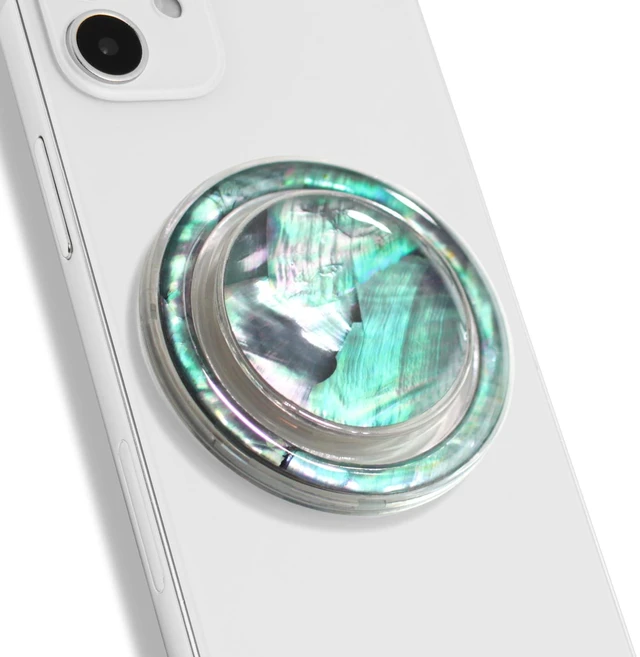 Main image of Magnetic Phone Grip for MagSafe, Genuine Natural Crystal & Seashell Stone, Swappable Top, Strong Magnet Holder & Kickstand for iPhone 15 14 13 12 Pro Max Plus & MagSafe Cases (Blue Green)