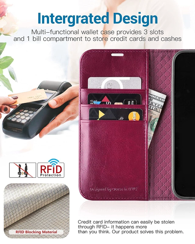 Alt view image 3 of 7 - for iPhone 13 Wallet Case, Card Holder, Burgundy | RFID Blocking, Kickstand, Magnetic Closure, PU Leather Flip Folio, Shockproof TPU Shell, Protective Phone Cover (6.1") 2021