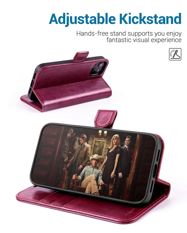 Alt view image 4 of 7 - for iPhone 13 Wallet Case, Card Holder, Burgundy | RFID Blocking, Kickstand, Magnetic Closure, PU Leather Flip Folio, Shockproof TPU Shell, Protective Phone Cover (6.1") 2021